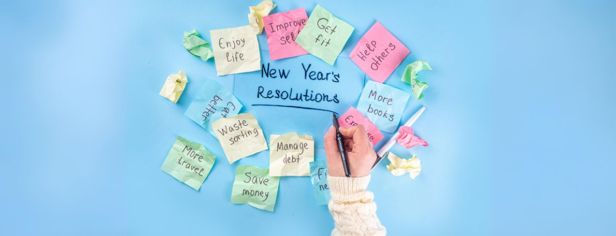 bunch of sticky notes with New Year's Resolutions