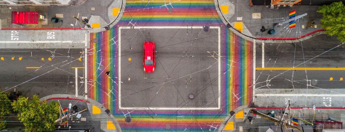 aerial view of rainbow crosswalks